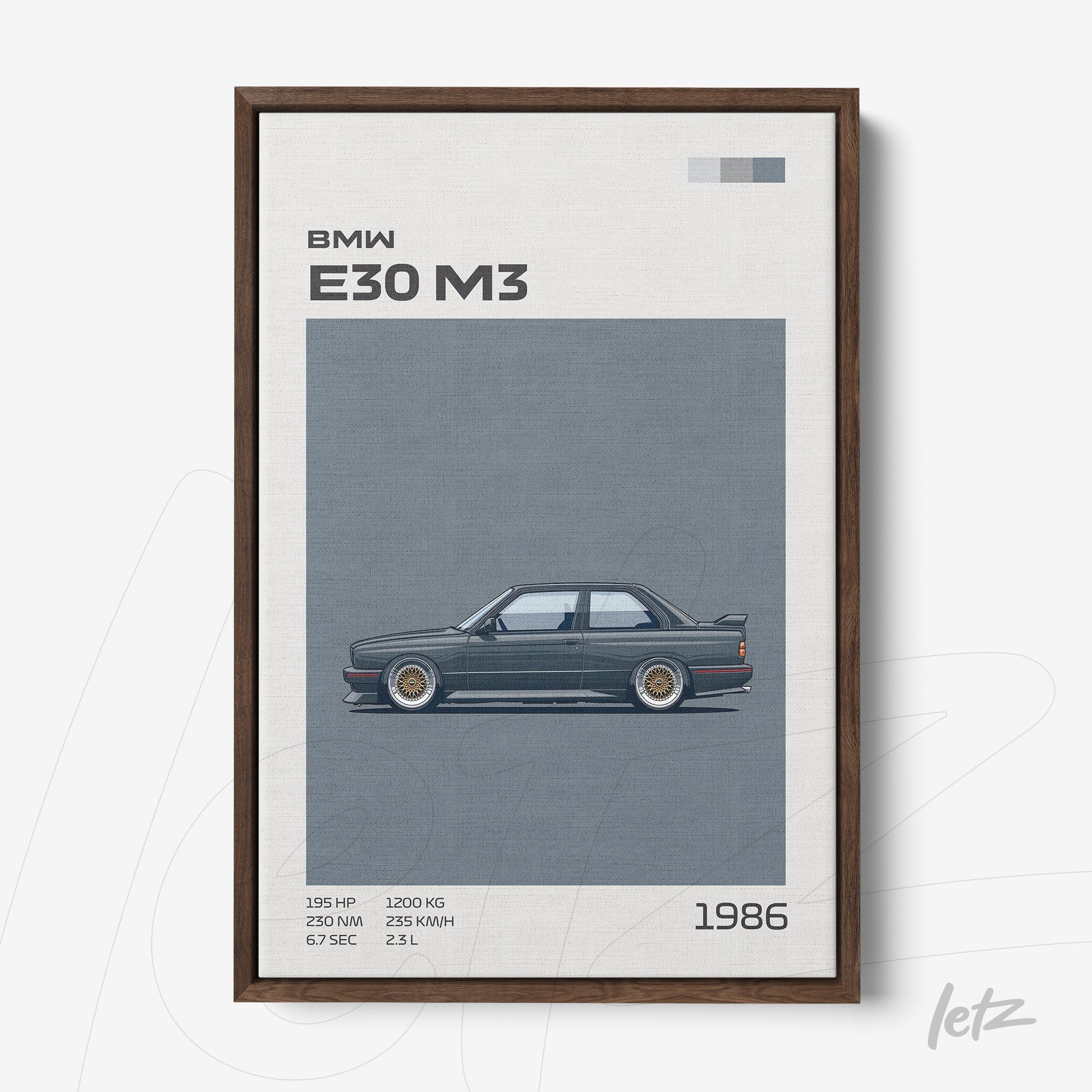 framed wall art featuring a graphic illustration of BMW E30 M3 in dark wooden frame
