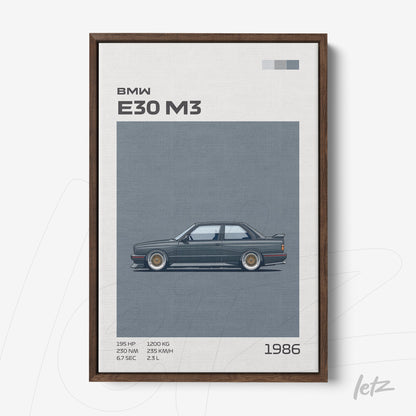 framed wall art featuring a graphic illustration of BMW E30 M3 in dark wooden frame