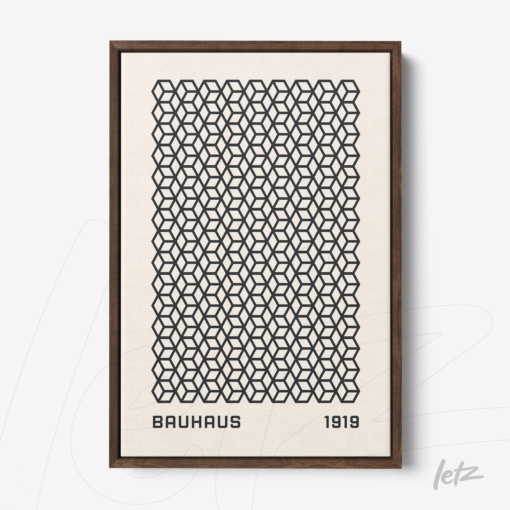 poster featuring black geometric Bauhaus pattern framed in dark wood