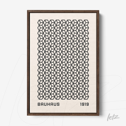 poster featuring black geometric Bauhaus pattern framed in dark wood