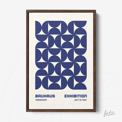 poster featuring a navy blue geometric illustration in Bauhaus style with dark wood frame