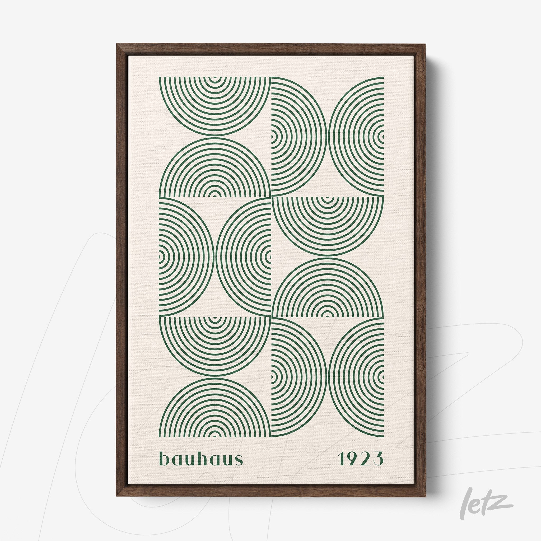 framed geometric design with Bauhaus style, concentric circles on beige background with wooden frame