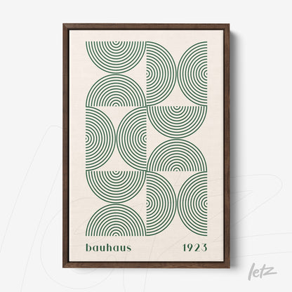 framed geometric design with Bauhaus style, concentric circles on beige background with wooden frame