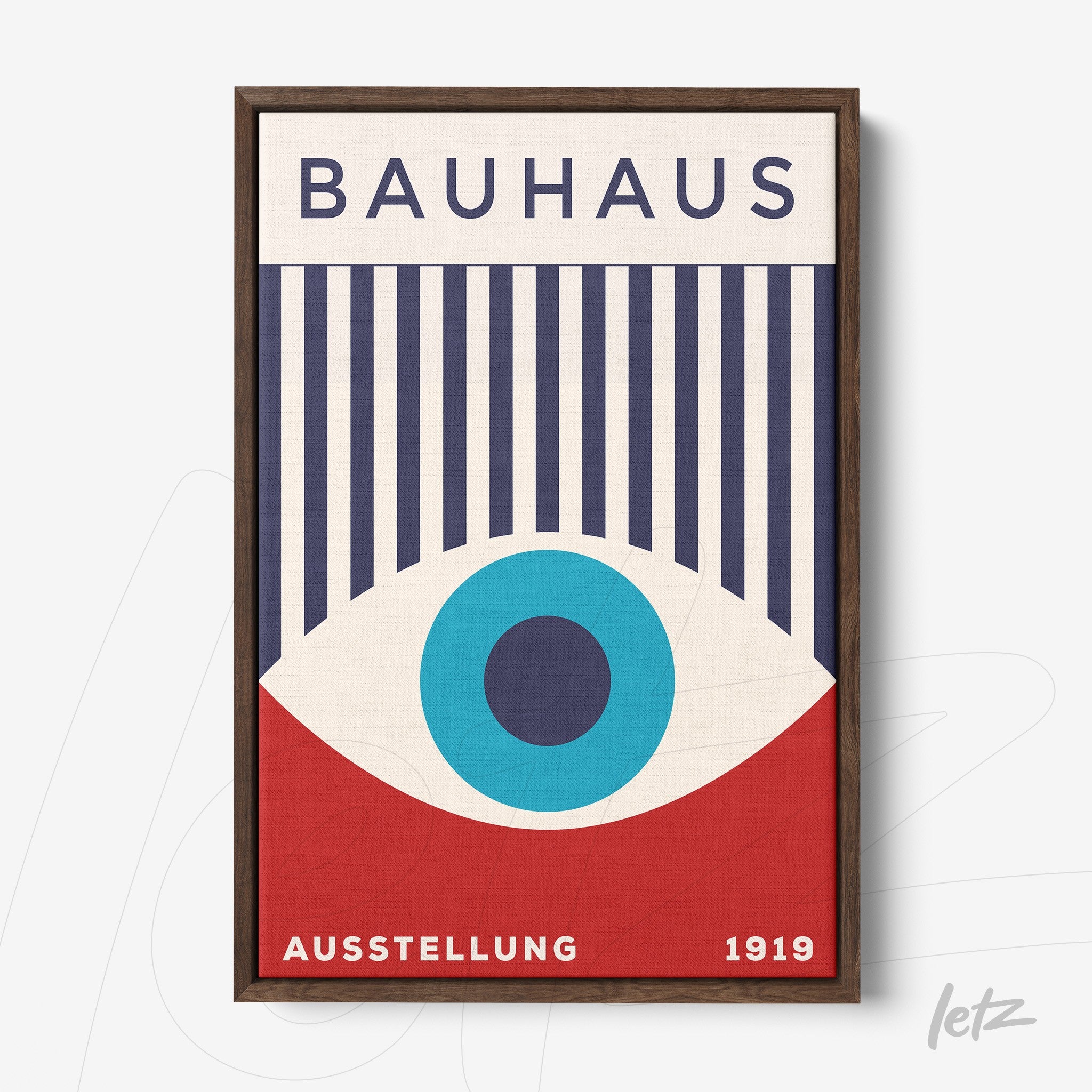 poster print featuring minimalist Bauhaus style art with a centered blue eye, navy vertical lines, and red background, framed in dark wood
