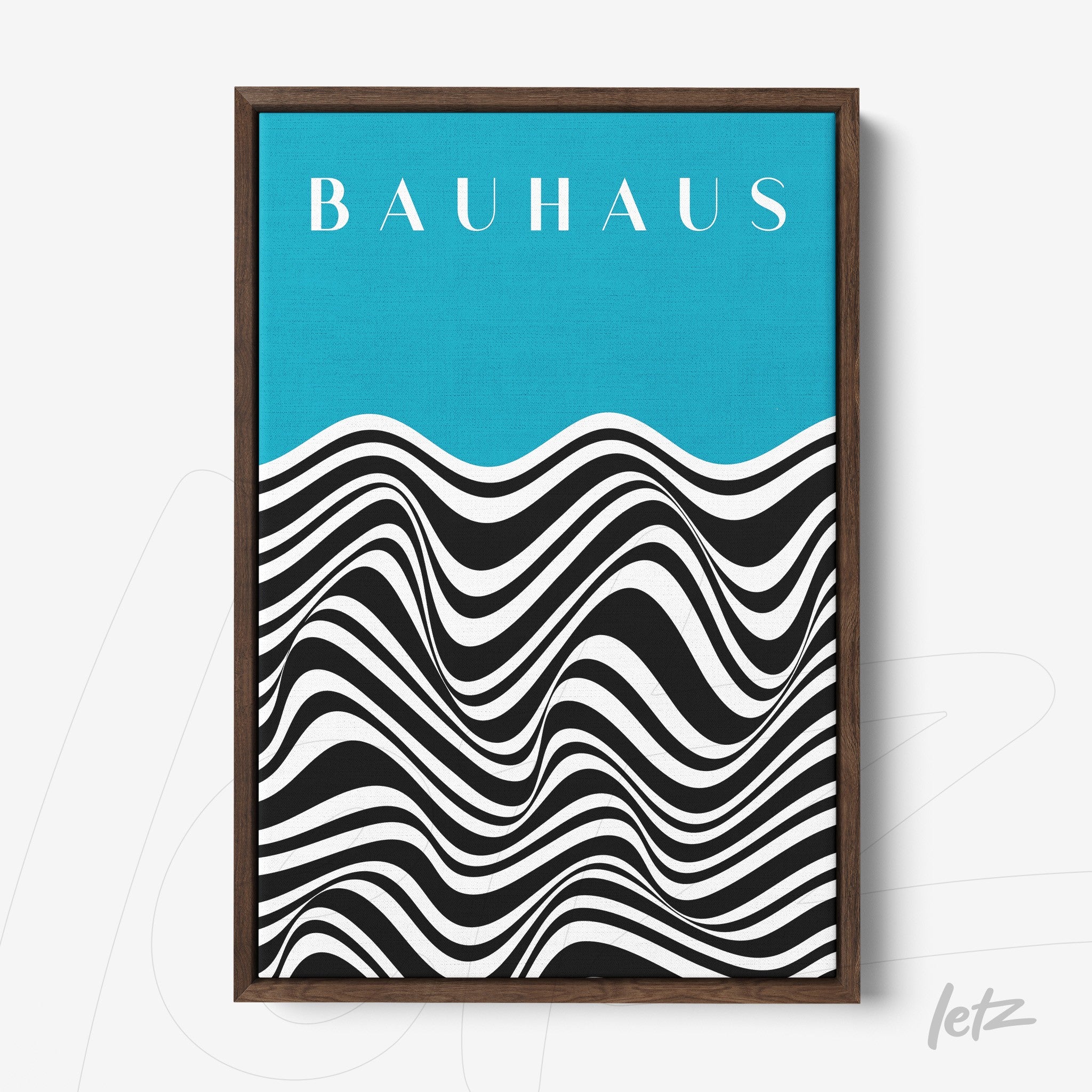 poster print with black and white wavy design on a blue background and bauhaus text in a dark wood frame