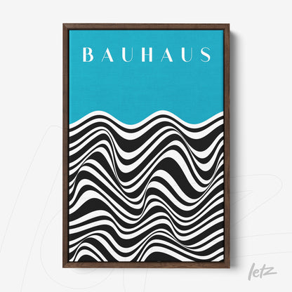 poster print with black and white wavy design on a blue background and bauhaus text in a dark wood frame
