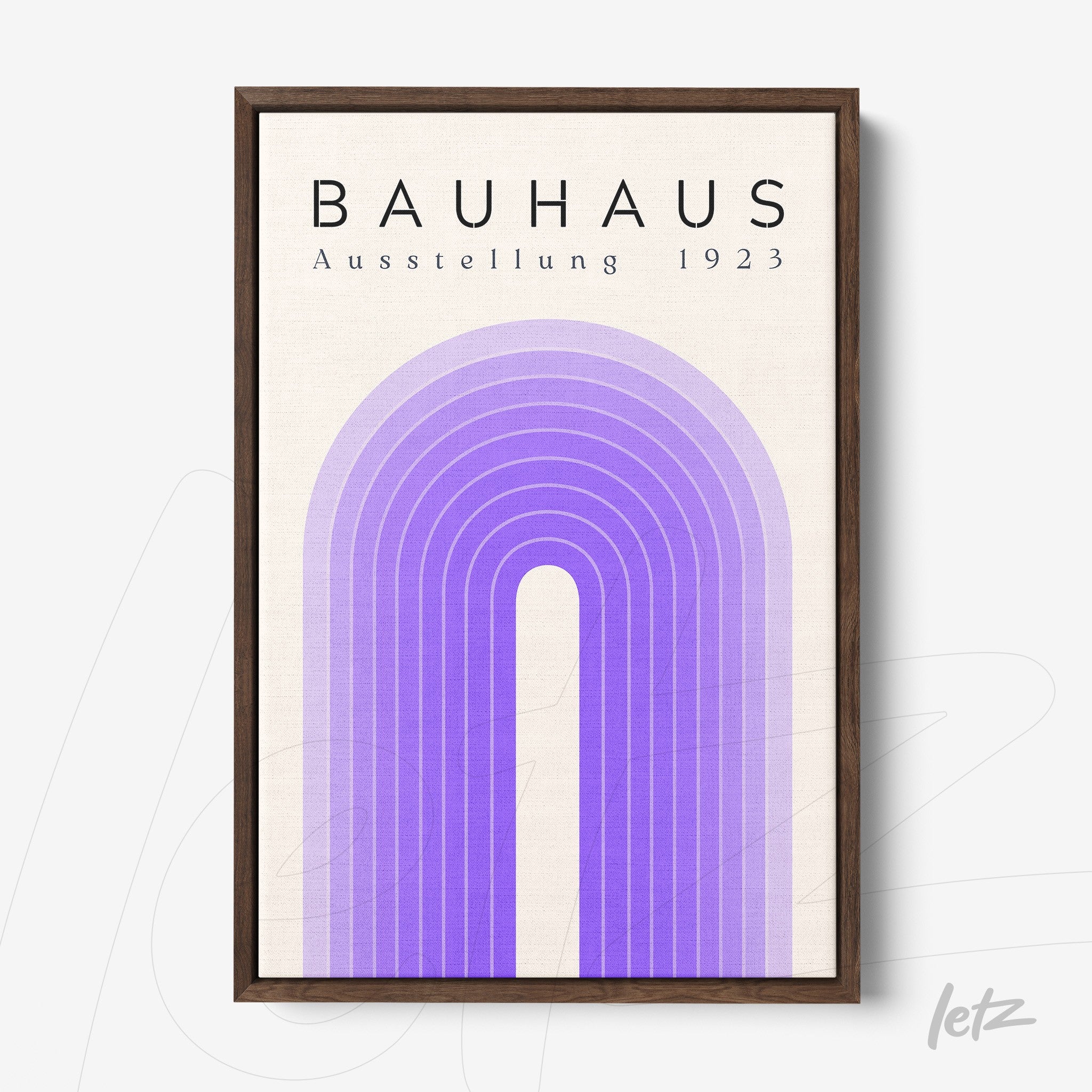 framed wall art featuring purple geometric design with 'Bauhaus Ausstellung 1923' inscription in dark frame