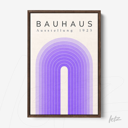 framed wall art featuring purple geometric design with 'Bauhaus Ausstellung 1923' inscription in dark frame