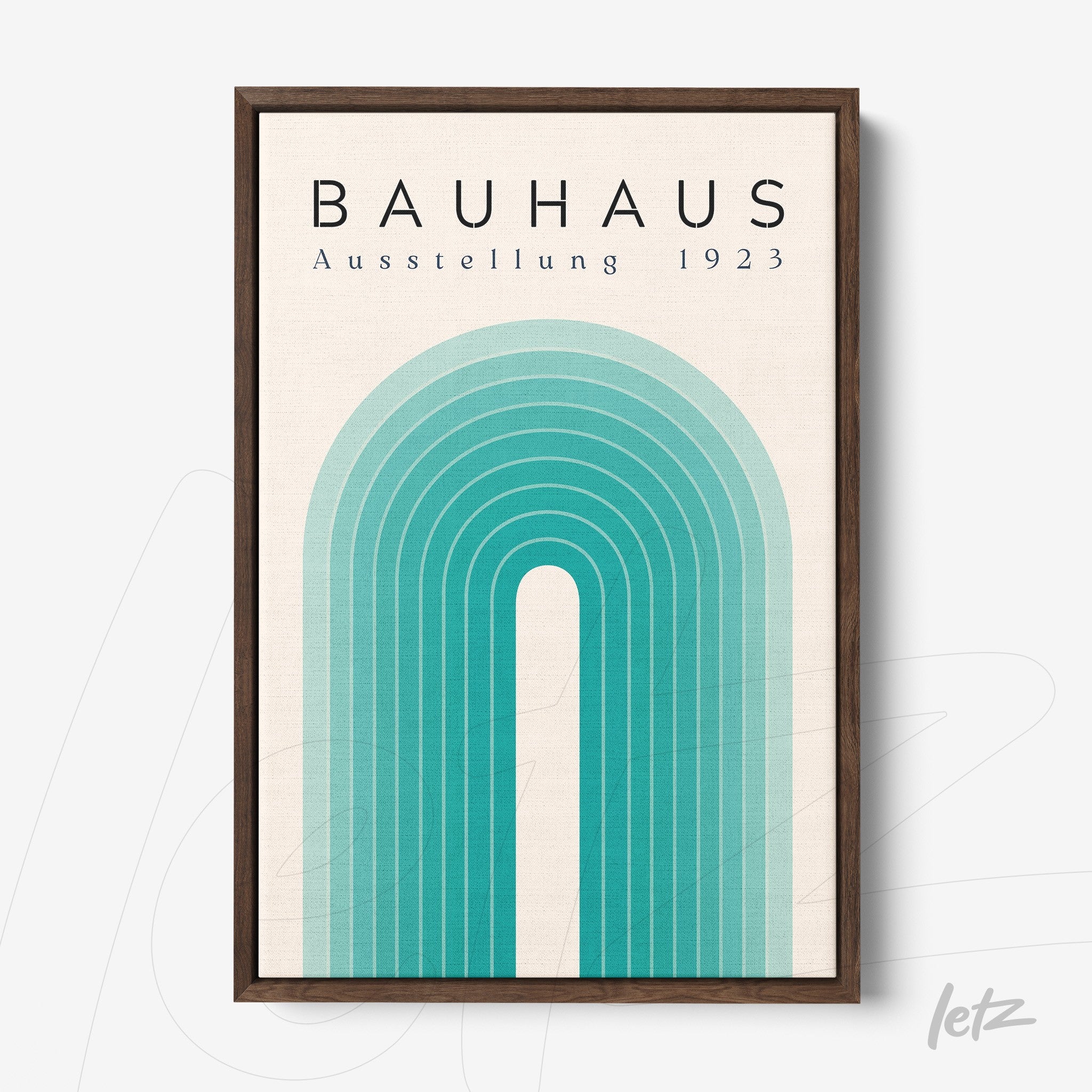 poster with geometric Bauhaus-inspired design and dark wooden frame