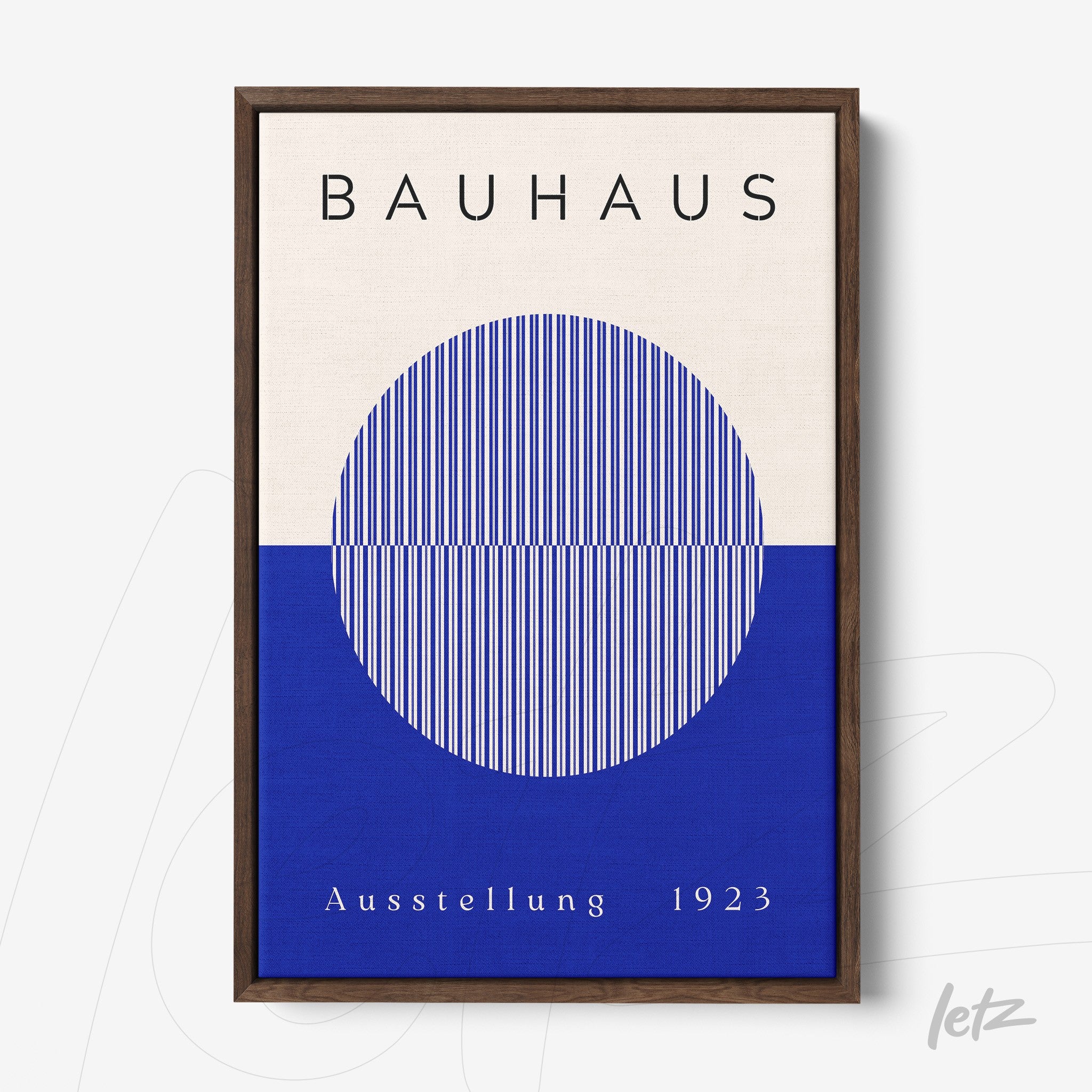 poster featuring bauhaus geometric art with blue and white circle in dark frame