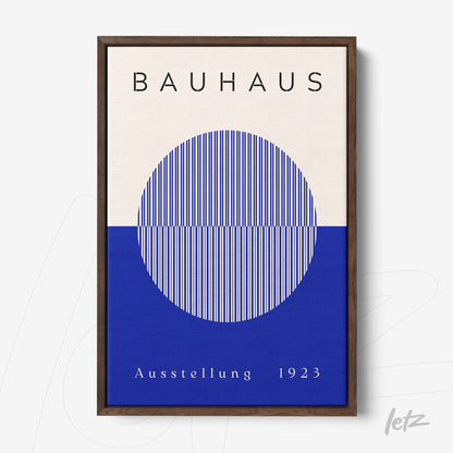 poster featuring bauhaus geometric art with blue and white circle in dark frame