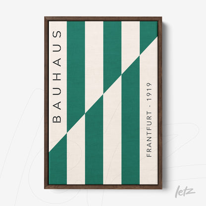 canvas print featuring green and white geometric Bauhaus design with brown frame
