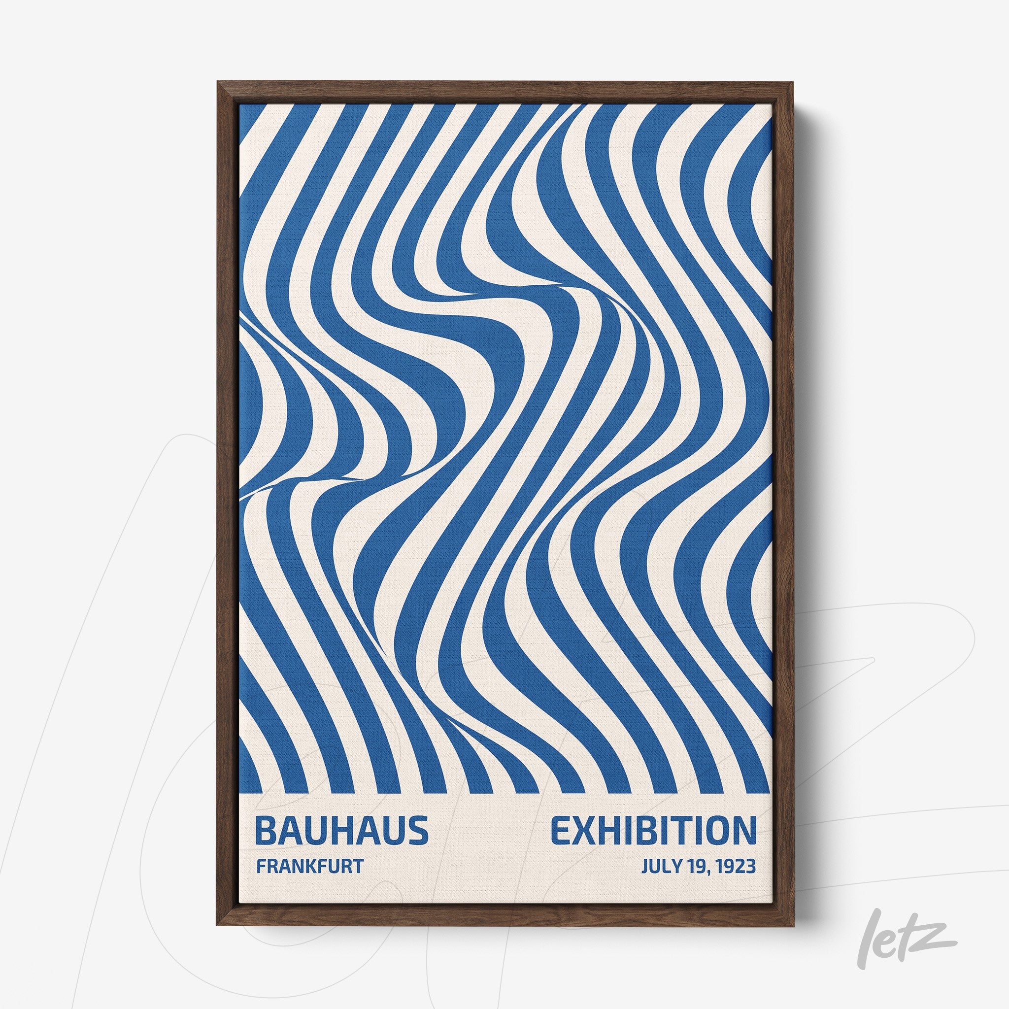 poster featuring abstract blue and white wave pattern framed in dark wood