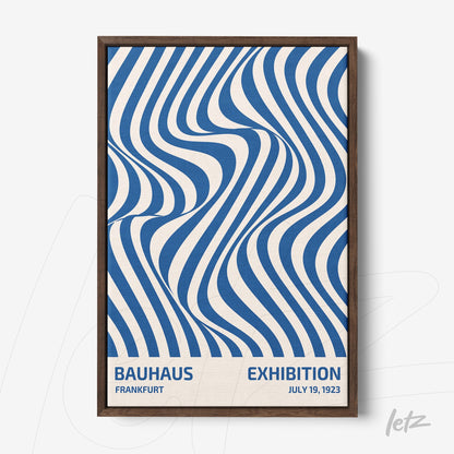 poster featuring abstract blue and white wave pattern framed in dark wood