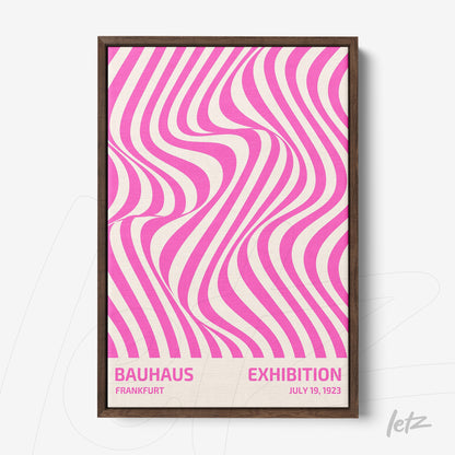 poster with pink wavy geometric lines pattern, dark wood frame, text bauhaus exhibition frankfurt july 19, 1923