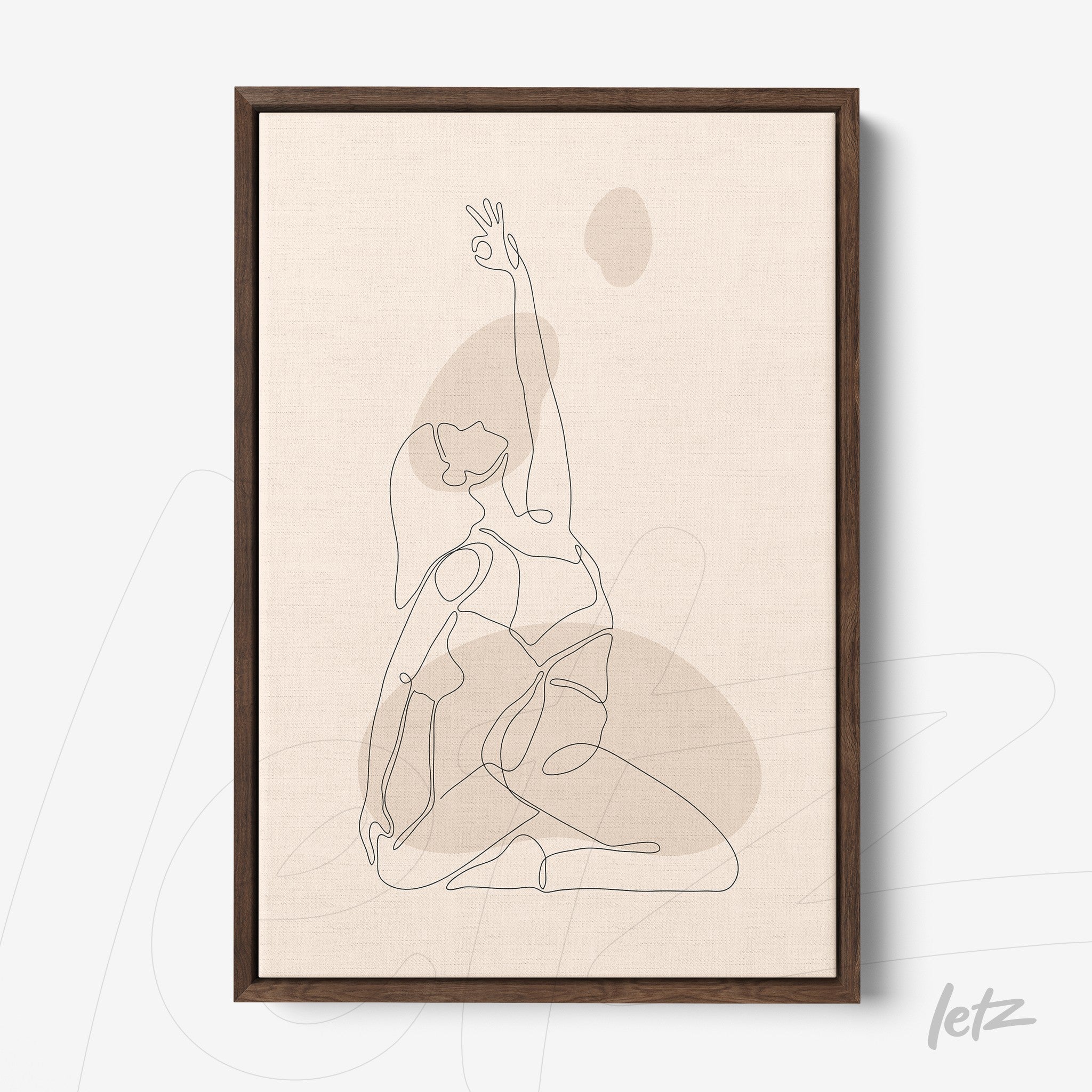 continuous line drawing of a woman in yoga pose on beige background with dark wood frame
