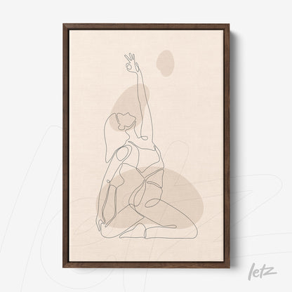 continuous line drawing of a woman in yoga pose on beige background with dark wood frame