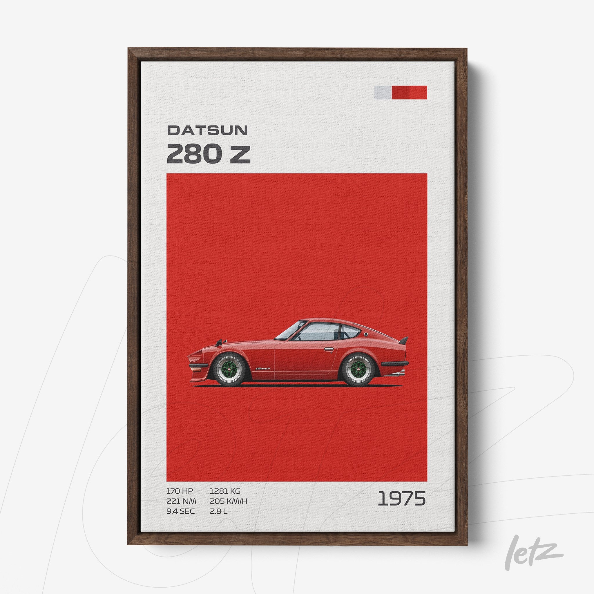 framed artwork of Datsun 280 Z car in red background with dark wood frame