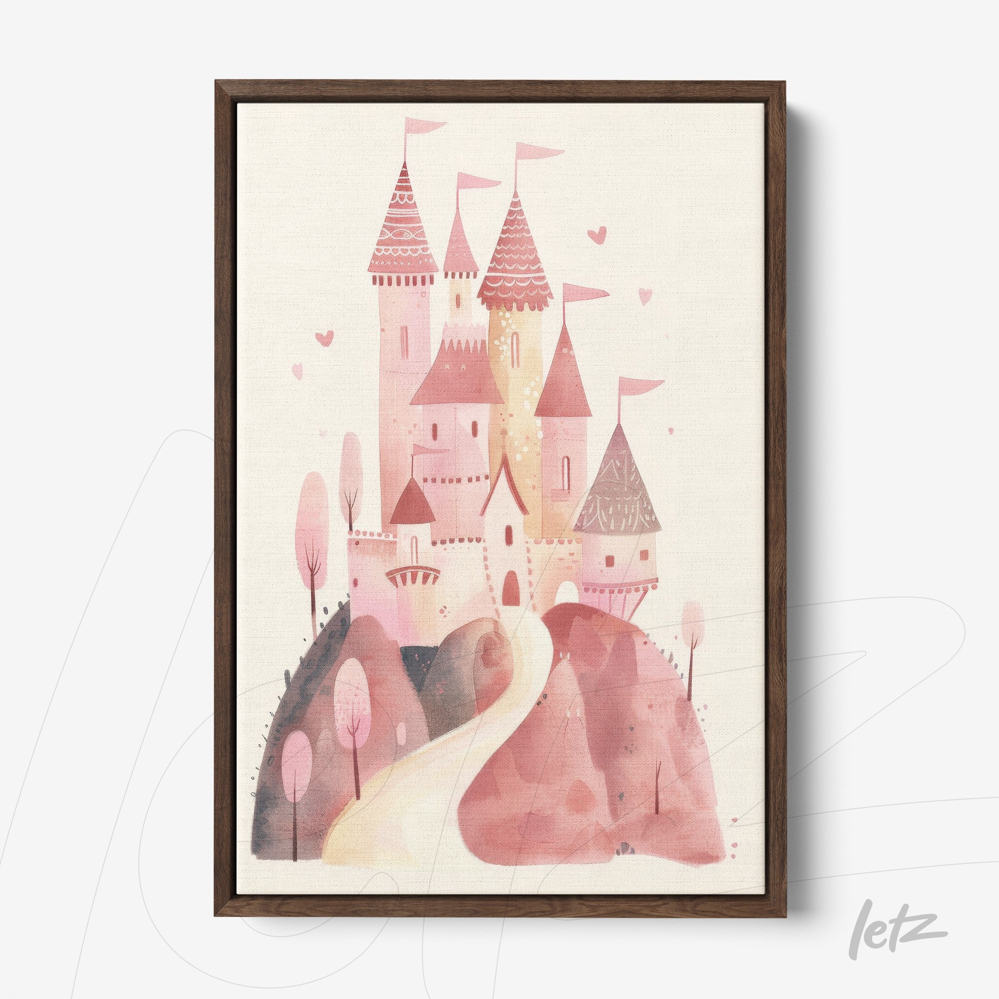 canvas print featuring a pink castle illustration surrounded by pink trees and hills with a dark wood frame