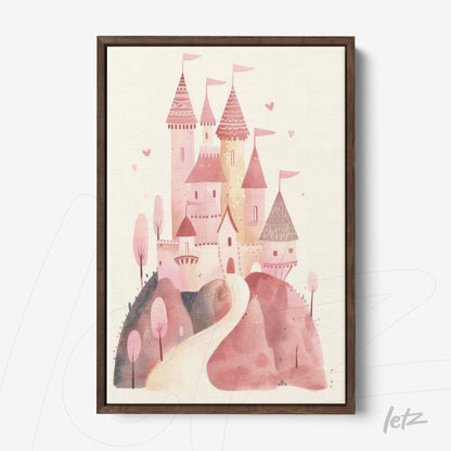 canvas print featuring a pink castle illustration surrounded by pink trees and hills with a dark wood frame