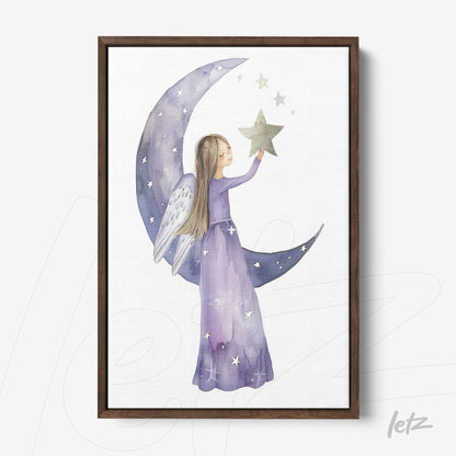 framed watercolor art of a girl with angel wings holding a star amidst a crescent moon with a light background