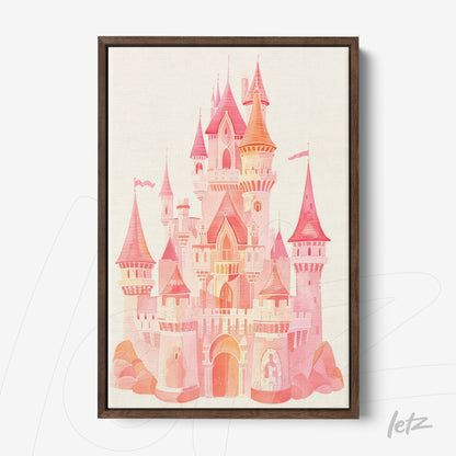 framed artwork of a whimsical pink castle illustration with dark wood frame