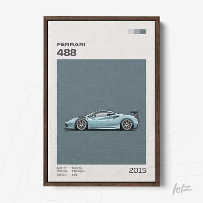 framed art of the ferrari 488 with dark wooden frame and soft blue background