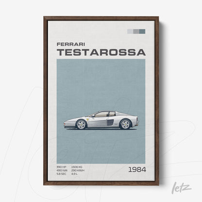 framed graphic art of the Ferrari Testarossa with dark wood frame