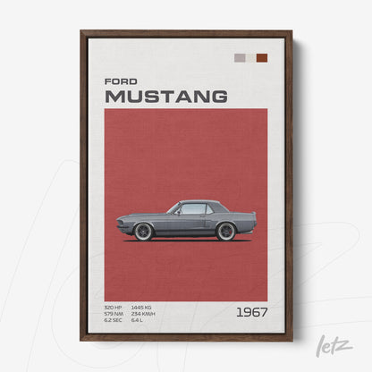 framed wall art of 1967 Ford Mustang with a red background and brown frame