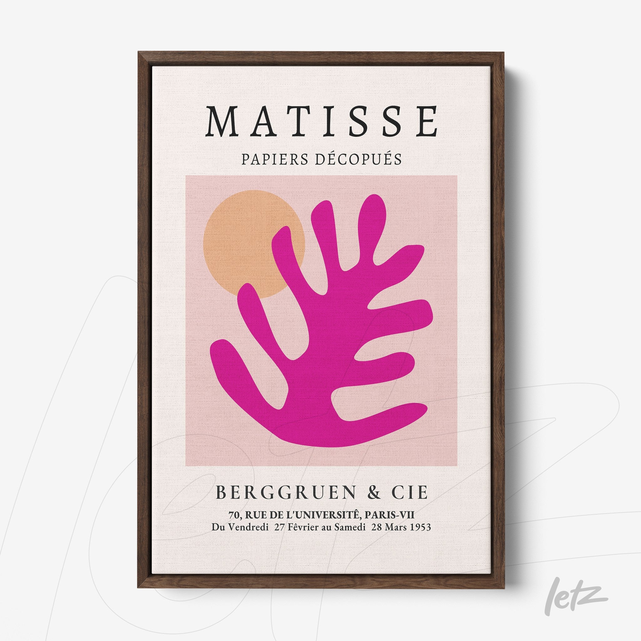 framed art print featuring Matisse's abstract shapes in dark wood frame with vibrant colors