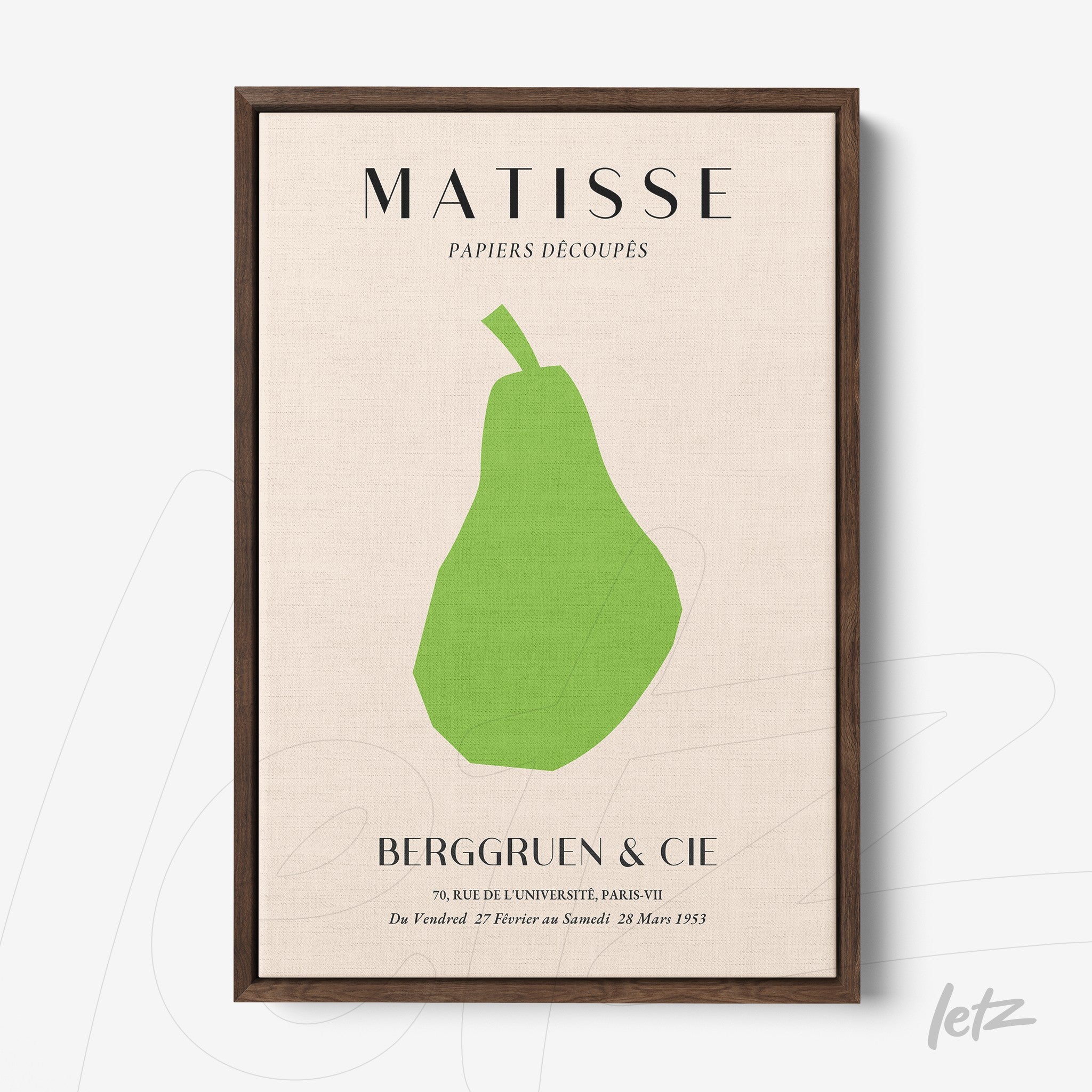 framed wall art featuring a modern green pear shape illustration on a light background with exhibition text