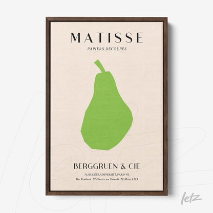 framed wall art featuring a modern green pear shape illustration on a light background with exhibition text