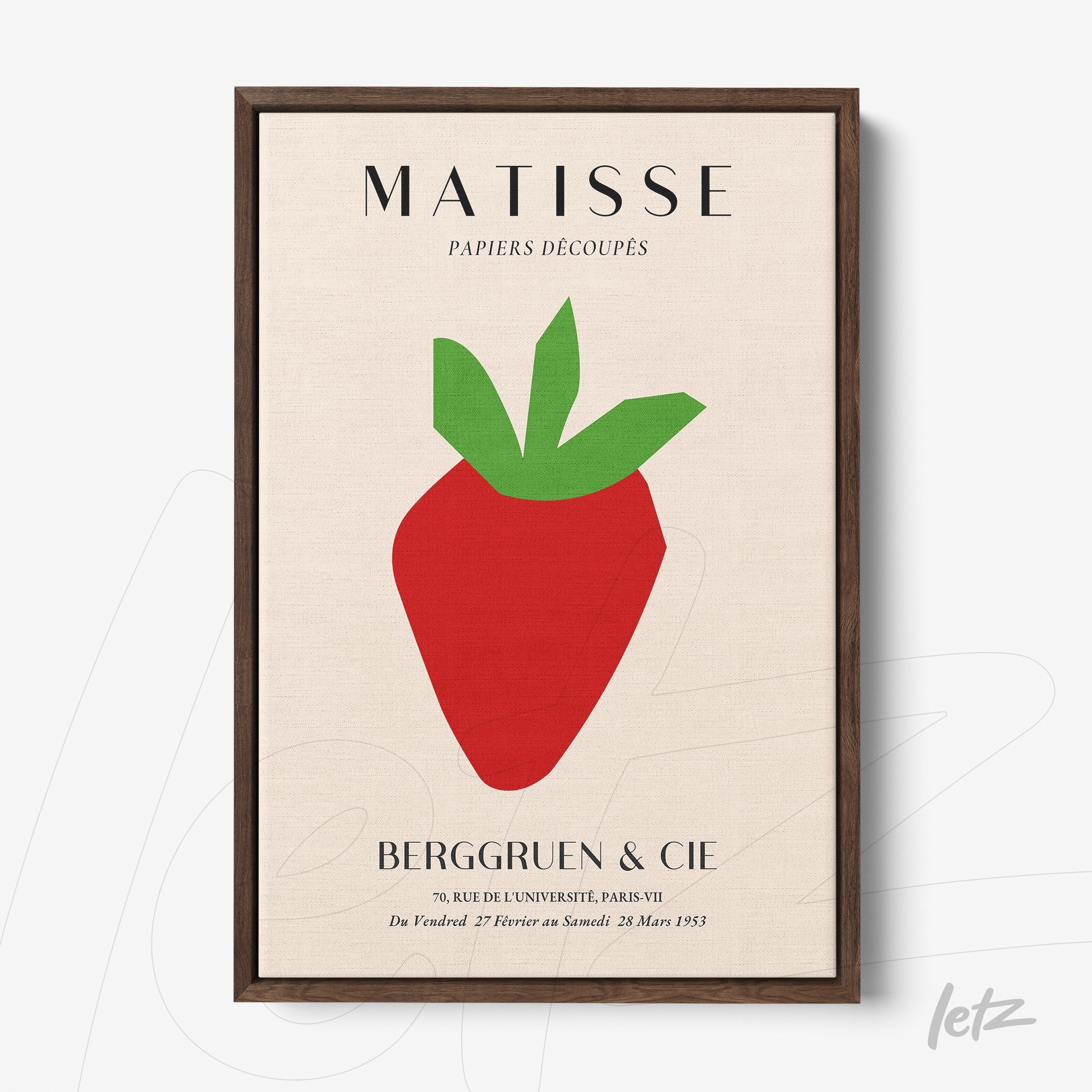 framed art inspired by Henri Matisse featuring a stylized strawberry with green leaves on a light background