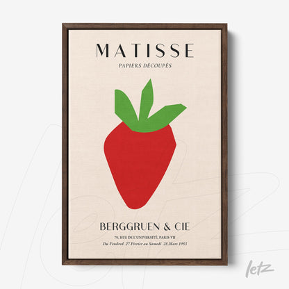 framed art inspired by Henri Matisse featuring a stylized strawberry with green leaves on a light background