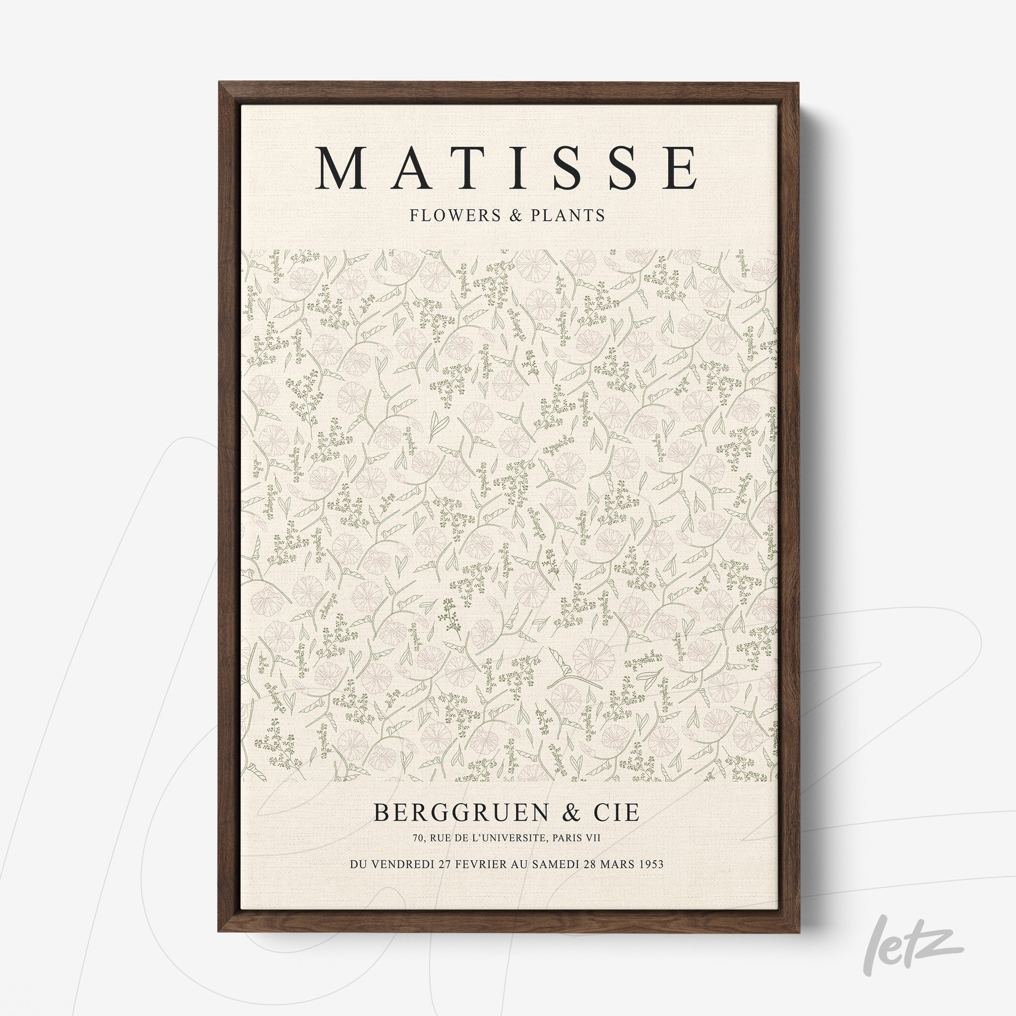 decorative wall art featuring flowers and plants in soft tones with dark brown frame