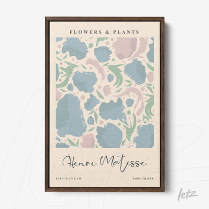 framed wall art featuring vintage floral design with dark wood frame, light background with colorful shapes in blue, pink, and green