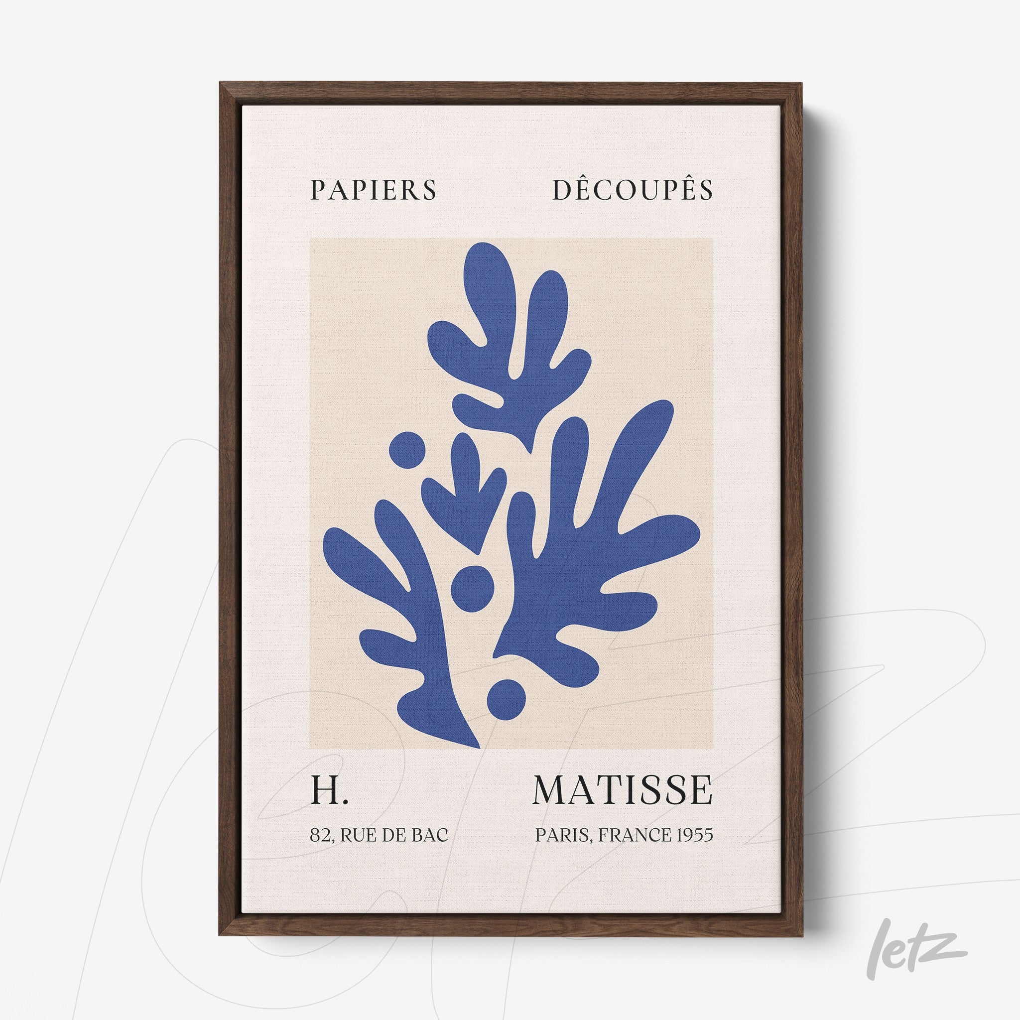 framed wall art featuring h. matisse design with organic blue shapes on light background and dark wooden frame