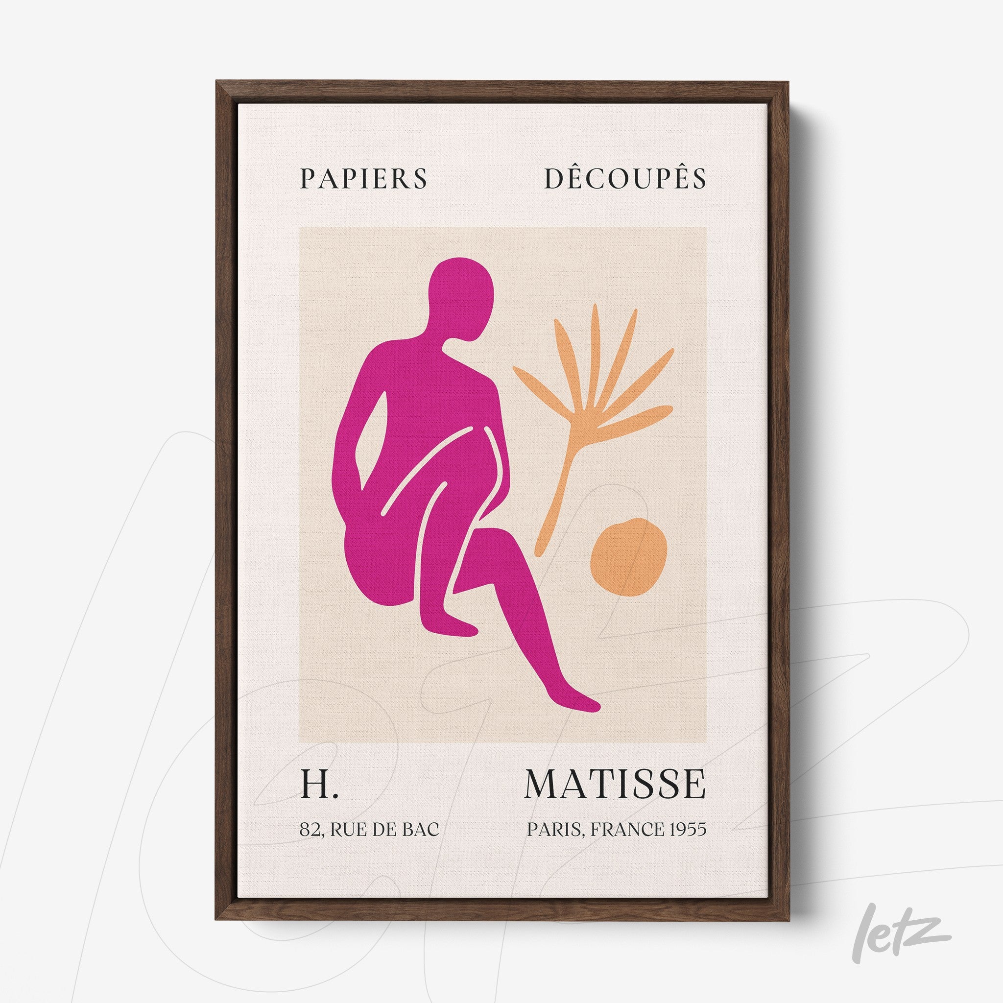 framed abstract art featuring a human figure and natural elements in vibrant colors with a dark wooden frame