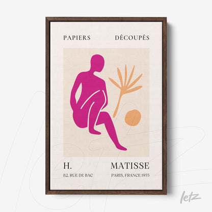 framed abstract art featuring a human figure and natural elements in vibrant colors with a dark wooden frame