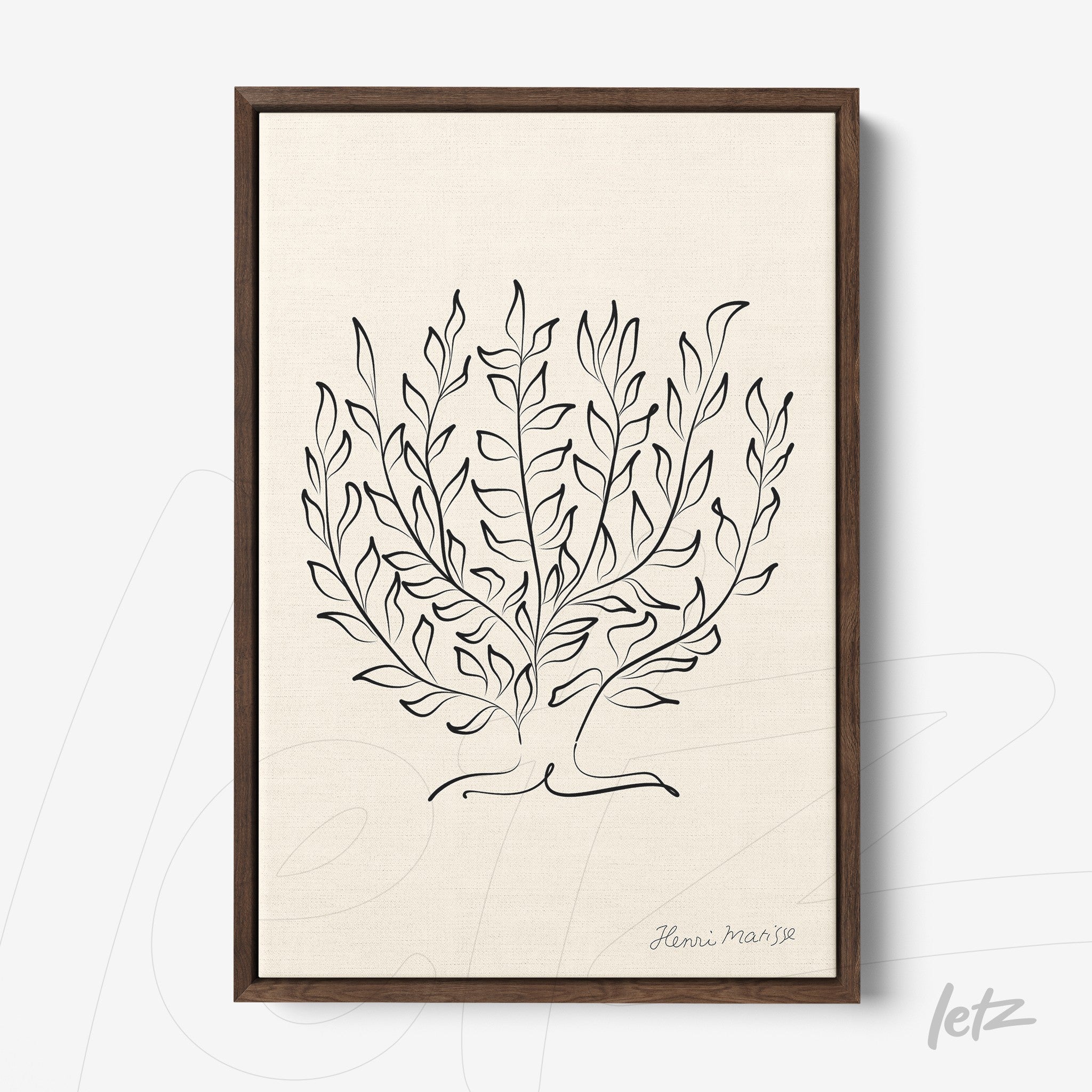minimalist wall art featuring black line drawing of foliage on light background with dark wooden frame