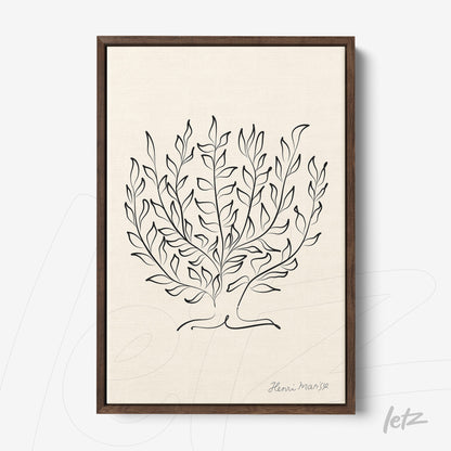 minimalist wall art featuring black line drawing of foliage on light background with dark wooden frame