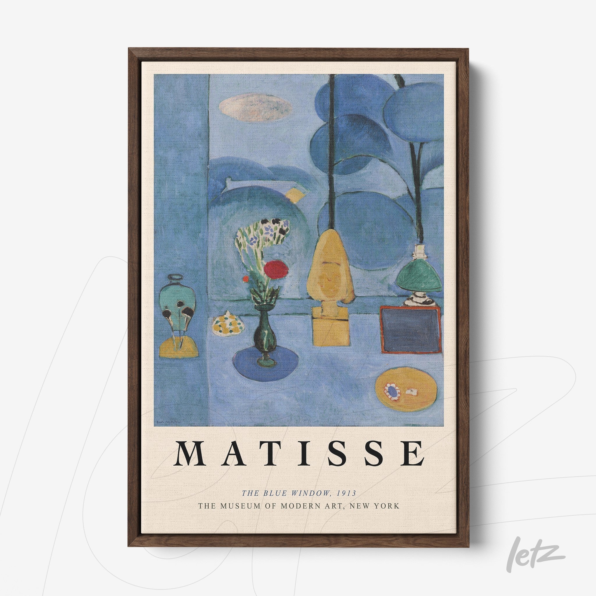 framed wall art featuring modern style piece by Matisse, depicting a blue window with decorative elements prominently displayed