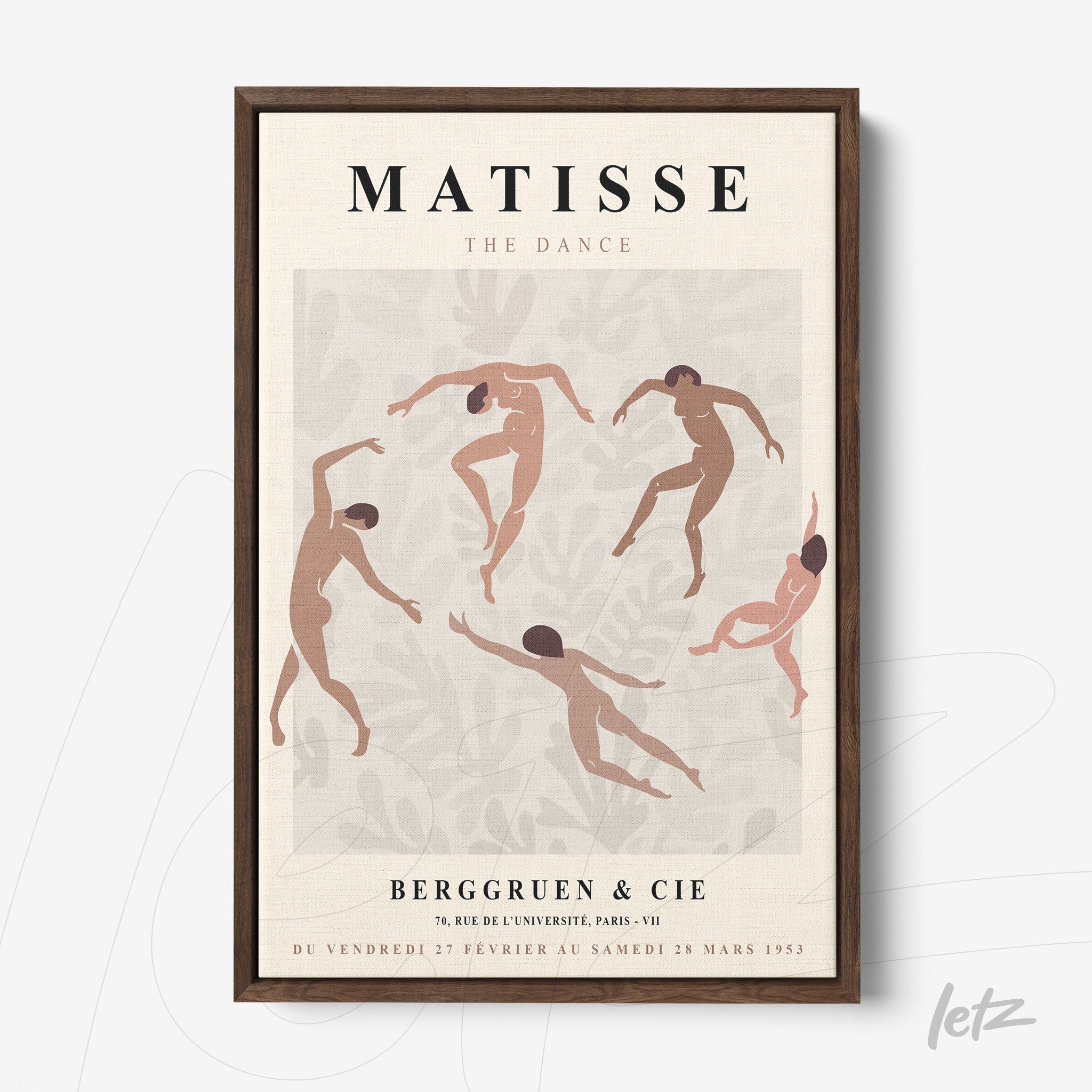 decorative framed art featuring stylized dancers in earthy tones against a light background with a dark wooden frame