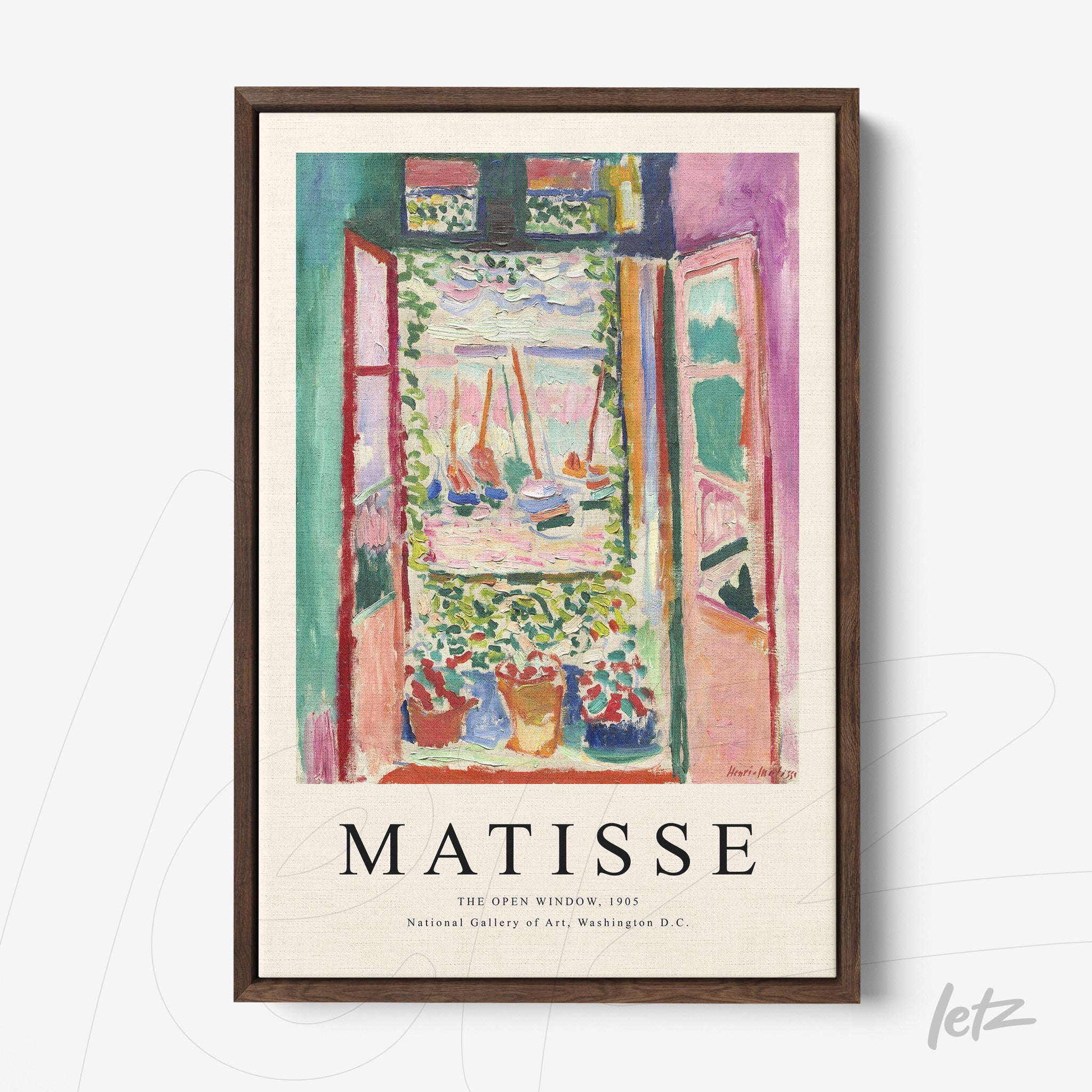framed vibrant artwork of an open window by Matisse with a dark brown frame