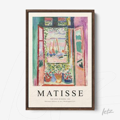 framed vibrant artwork of an open window by Matisse with a dark brown frame