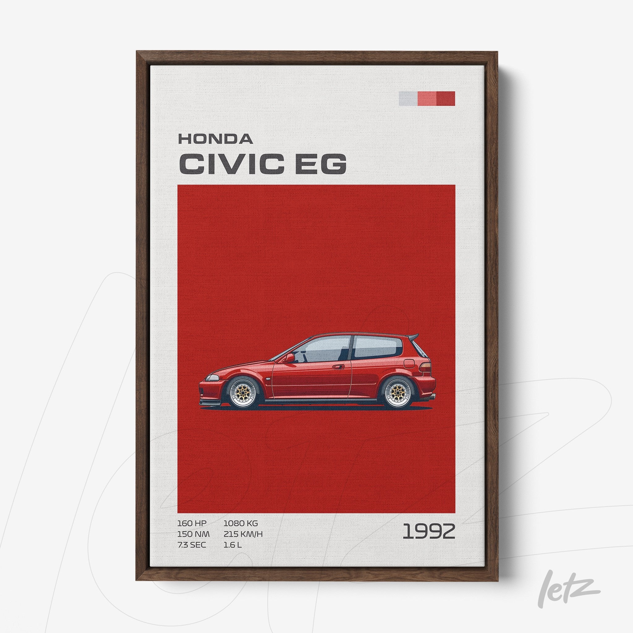 framed artwork featuring the 1992 Honda Civic EG on a red background