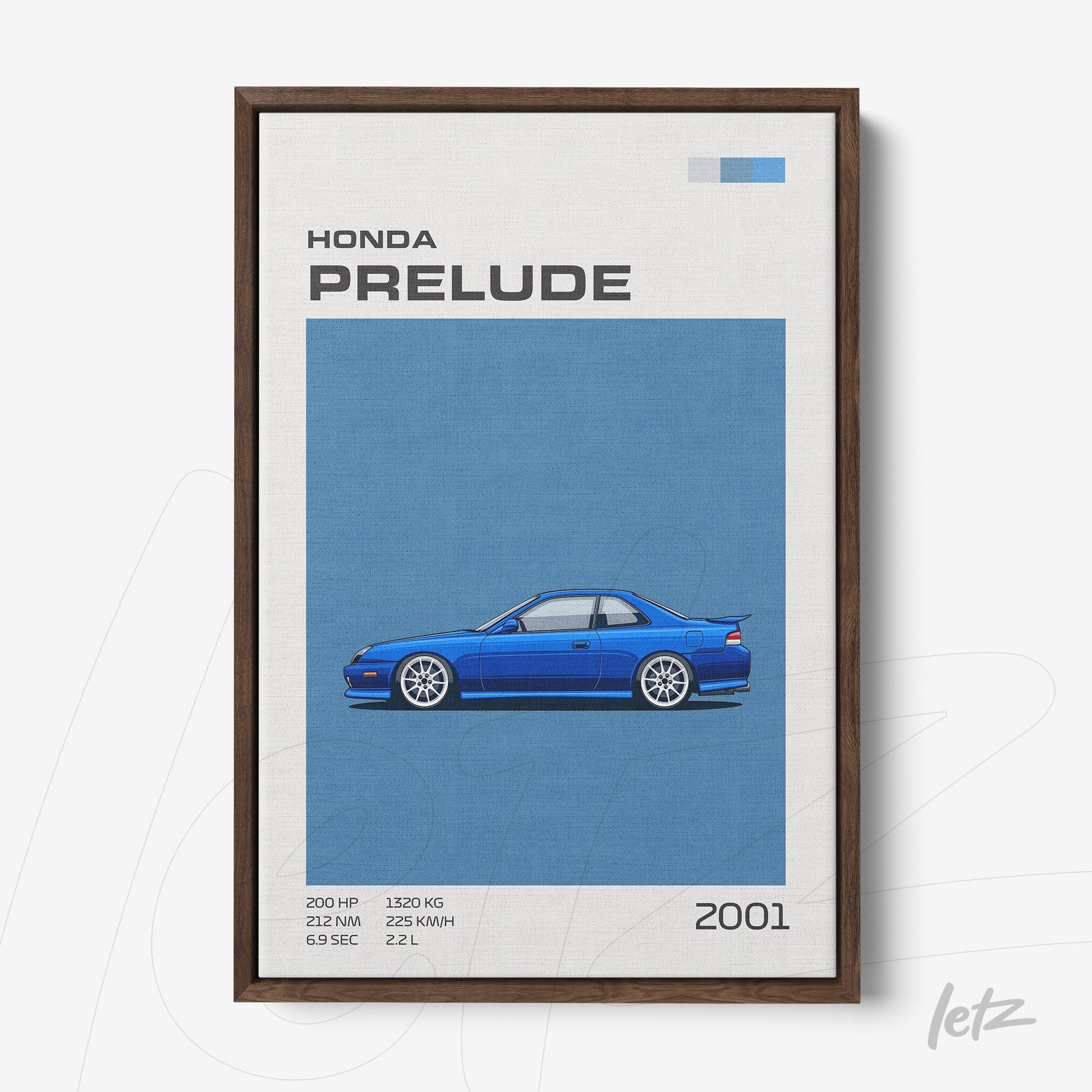 framed wall art featuring a blue 2001 Honda Prelude sports car with a dark wood frame