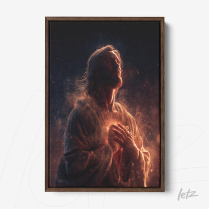framed digital art of a religious figure radiating light with dark wood frame