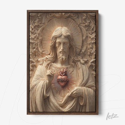 framed wooden relief art of Jesus Christ with sacred heart in dark frame
