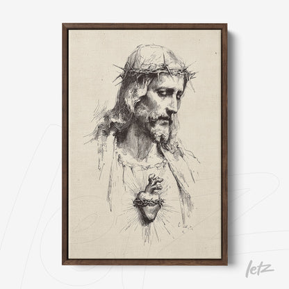 framed classic style artwork of jesus christ with sacred heart in dark wooden frame